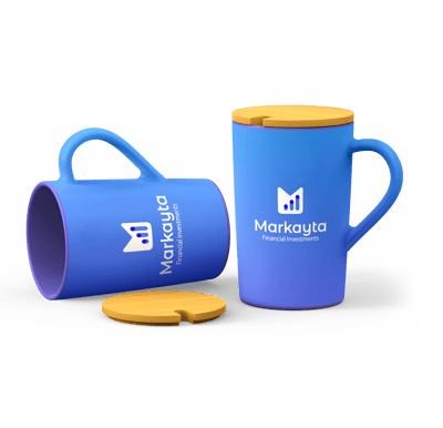 blue promotional travel mugs with removable wooden lid branded for a financial investment company
